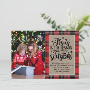 Jesus is de reden van het seizoen Buffalo Plaid Feestdagenkaart