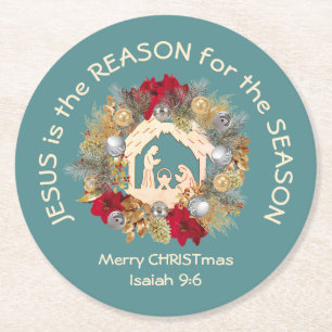 JESUS IS DE REDEN VOOR Blauwe Kerstmis Ronde Kartonnen Onderzetter