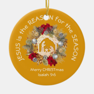 JESUS IS DE REDEN VOOR Geel Christelijk kerstfeest Keramisch Ornament