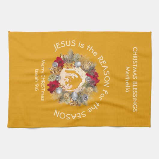 JESUS IS DE REDEN VOOR Gele kerstmis Theedoek (Horizontaal)