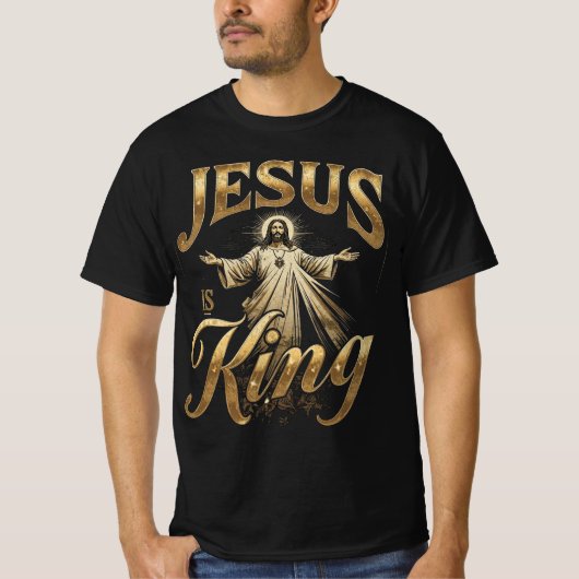 Jesus Is King Elegante Gouden Schrift Christelijk T-shirt (Voorkant)