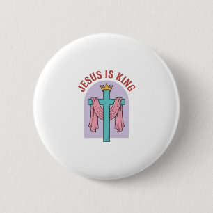 Jesus Is King Kruis Kroon Vintage Christelijk T-Sh Ronde Button 5,7 Cm