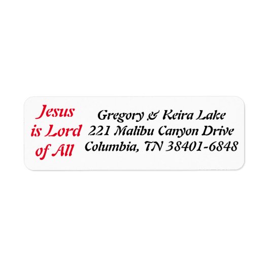 Jesus is Lord of All Return Address Label (Voorkant)