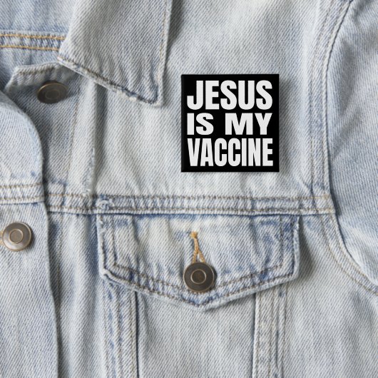 "JESUS IS MIJN VACCIN" VIERKANTE BUTTON 5,1 CM (In situ)