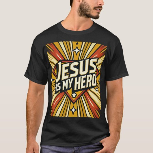 Jesus Is My Hero mannen superheld stripontwerp T-shirt (Voorkant)