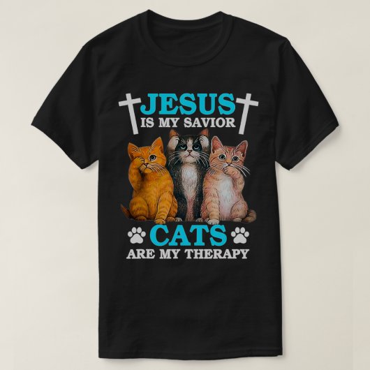 Jesus Is My Savior Cats Are My Therapy T-shirt (Design voorkant)
