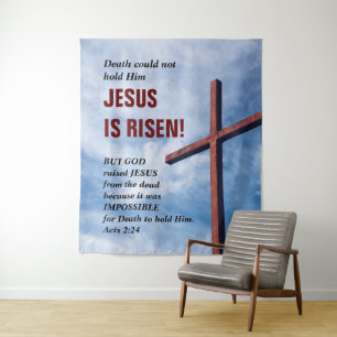 JESUS IS OPGEREZEN Paastapijt voor de kerk Wandkleed