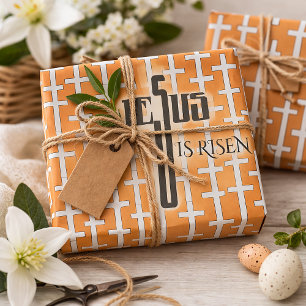 Jesus Is Risen _retro oranje kruis Pasen Cadeaupapier