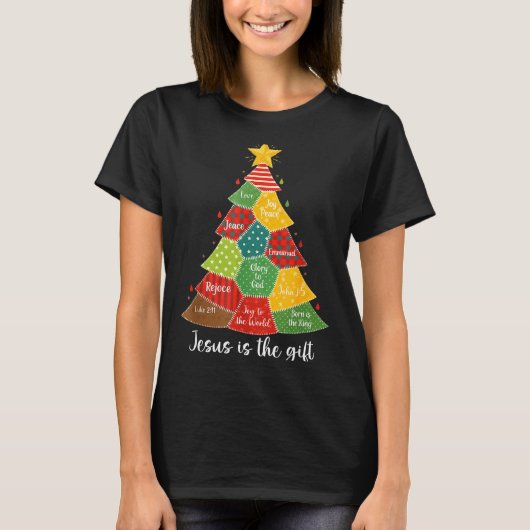 Jesus Is The Gift Christmas Tree Patchwork Scriptu T-shirt (Voorkant)
