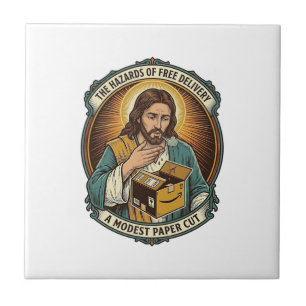 Jesus Kartonnen Doos Papier Snij Vinger Pijn Humor Tegeltje