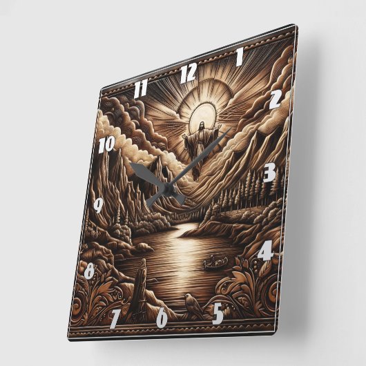 Jesus kijkt uit over het Calm Dawn Mountain Uitzic Vierkante Klok (Hoek)