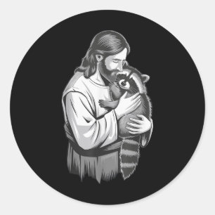 Jesus Knuffelen Wasbeer _1 Ronde Sticker