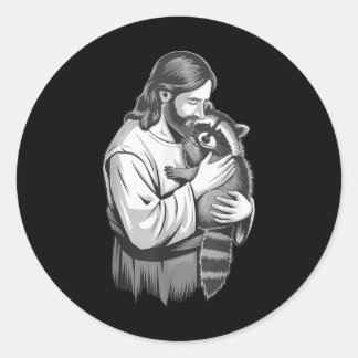 Jesus Knuffelen Wasbeer _1 Ronde Sticker