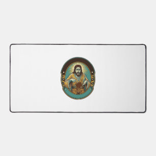Jesus koffievlek broek voor het ontmoeten van kant bureaumat