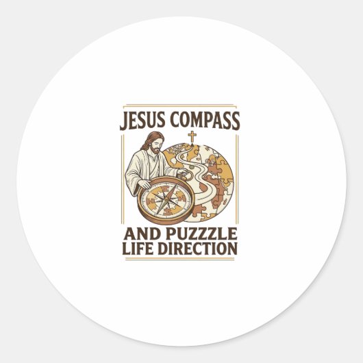 Jesus Kompas En Puzzel Levensrichting Jezus Comp Ronde Sticker (Voorkant)