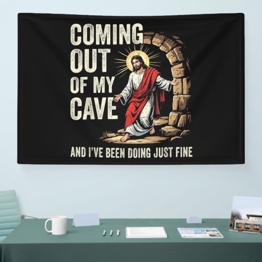 Jesus komt uit mijn grot spandoek (Beurs)