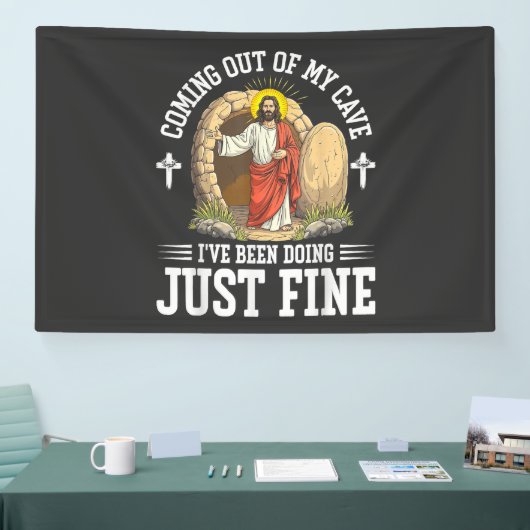 Jesus komt uit mijn grot spandoek (Beurs)