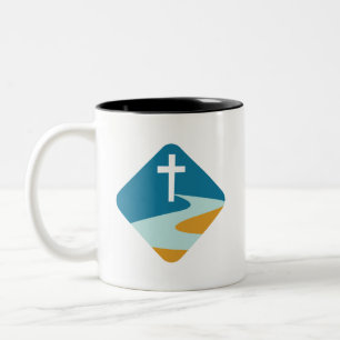 Jesus-kruis op een riviermok tweekleurige koffiemok