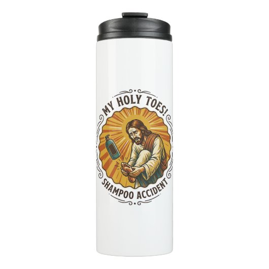Jesus laat shampoo fles op voet vallen douche pijn (Voorkant)