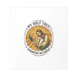 Jesus laat shampoo fles op voet vallen douche pijn notitieblok