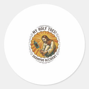 Jesus laat shampoo fles op voet vallen douche pijn ronde sticker