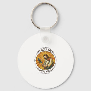 Jesus laat shampoo fles op voet vallen douche pijn sleutelhanger