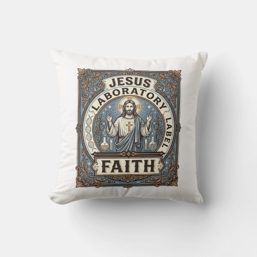 Jesus Laboratorium Label Geloof Jesus Laboratorium Kussen (Voorkant)