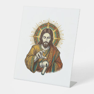 Jesus liet draadloze oordop onder bureau vallen Te Reclamebord Met Voetstuk
