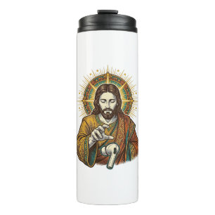 Jesus liet draadloze oordop onder bureau vallen Te Thermosbeker