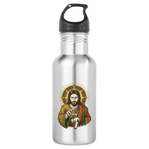 Jesus liet draadloze oordop onder bureau vallen Te Waterfles