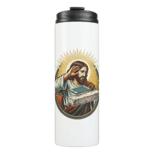 Jesus liet telefoon gezicht plat beton paniek sche thermosbeker