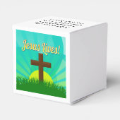 Jesus Lives Blue/Brown Christelijk paaskruis Bedankdoosjes (Achterkant)