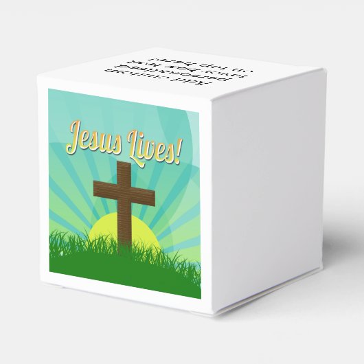 Jesus Lives Blue/Brown Christelijk paaskruis Bedankdoosjes (Achterkant)