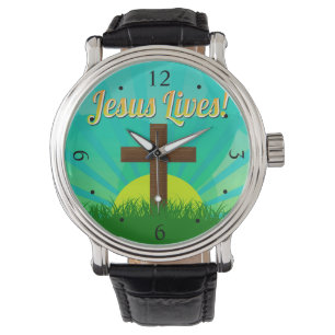 Jesus Lives Blue/Brown Christelijk paaskruis Horloge