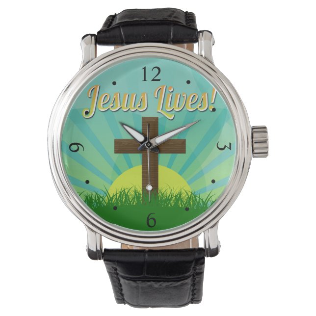Jesus Lives Blue/Brown Christelijk paaskruis Horloge (Voorkant)