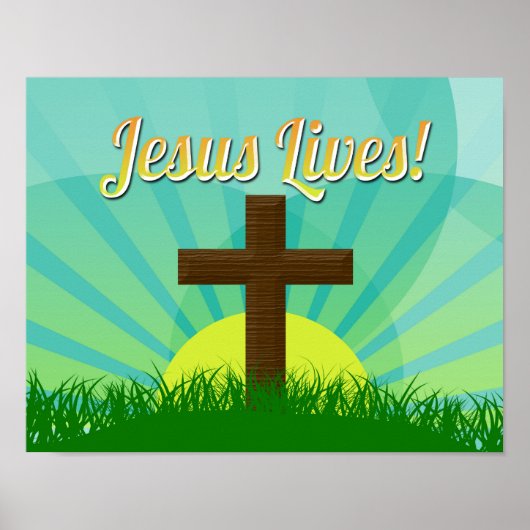 Jesus Lives Blue/Brown Christelijk paaskruis Poster (Voorkant)