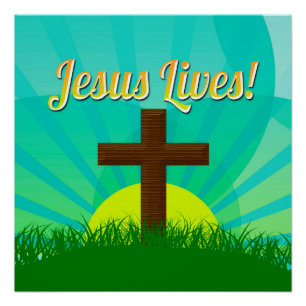 Jesus Lives Blue/Brown Christelijk paaskruis Poster