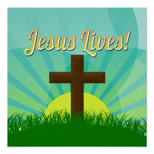 Jesus Lives Blue/Brown Christelijk paaskruis Poster (Voorkant)
