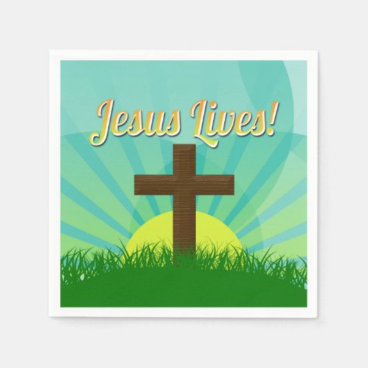 Jesus Lives Blue/Brown Christelijk paaskruis Servet (Voorkant)
