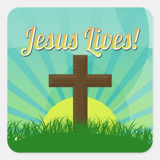 Jesus Lives Blue/Brown Christelijk paaskruis Vierkante Sticker (Voorkant)