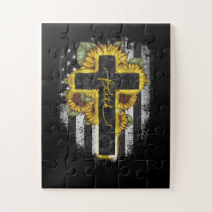 Jesus Love   Faith Christelijke Sunflower USA Vlag Legpuzzel