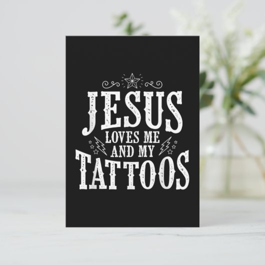 Jesus Love | Jezus houdt van mij en mijn Tattoos RSVP Kaartje (Staand voorkant)