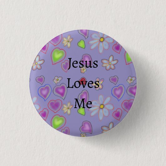 Jesus Loves Me Paarse Knop Ronde Button 3,2 Cm (Voorkant)