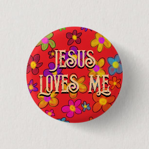 Jesus Loves Me Retro Bloemmotief Rood Ronde Button 3,2 Cm