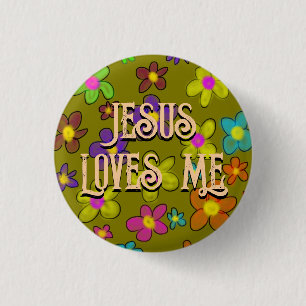 Jesus Loves Me Schattig Retro Bloemmotief  Ronde Button 3,2 Cm
