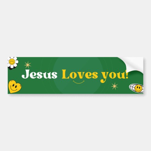 Jesus Loves You Groen Geel Smiley Schattige Bumpersticker (Voorkant)