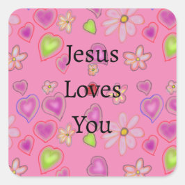 Jesus Loves You Hartjes Roze Vierkante Sticker