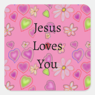 Jesus Loves You Hartjes Roze  Vierkante Sticker