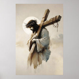 Jesus met het Kruis Minimalistische Waterverf Poster