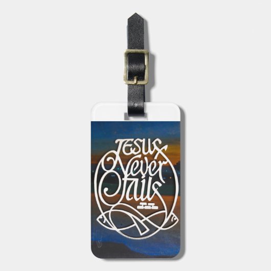 "JESUS mislukt nooit. Wees blij" Bagagelabel (Voorkant verticaal)